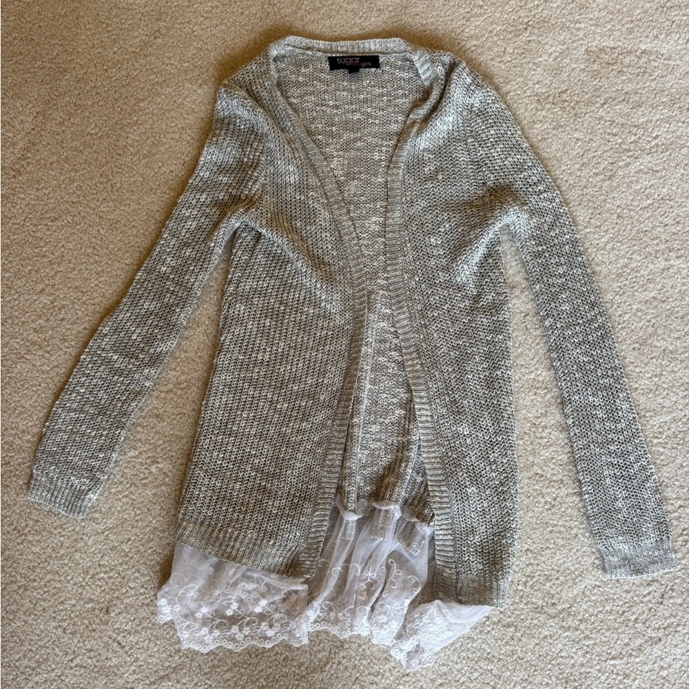 Sugar Rush Girls’ Gray and White Cardigan with Lace Trim